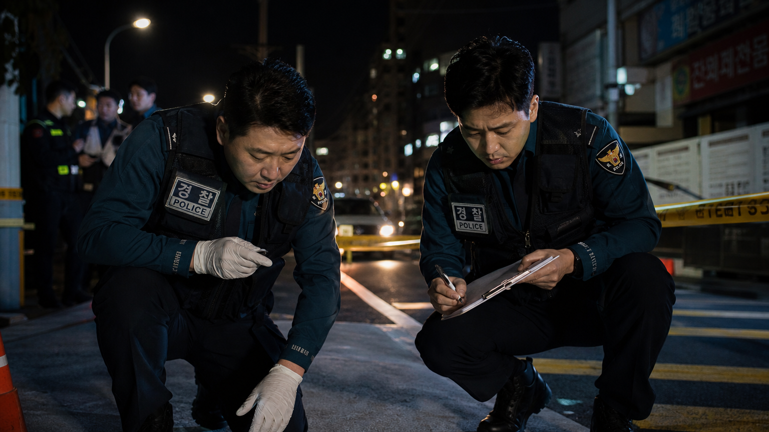 도시 밤거리에 설치된 범죄 현장을 조사하는 경찰관들