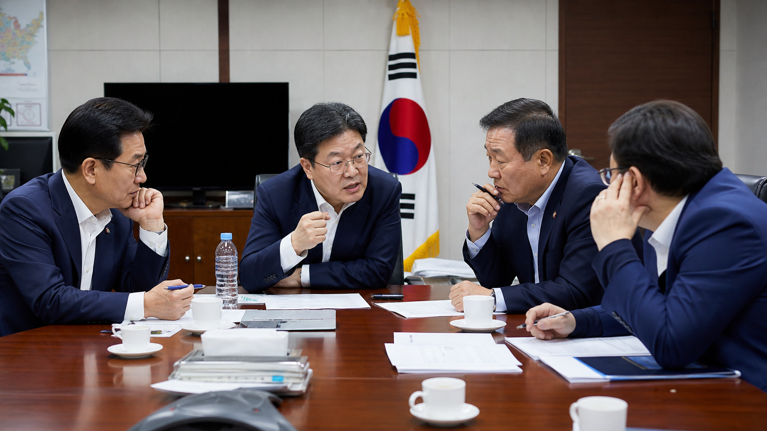 큰 테이블 주변에서 심각하게 논의 중인 정치인들 모습