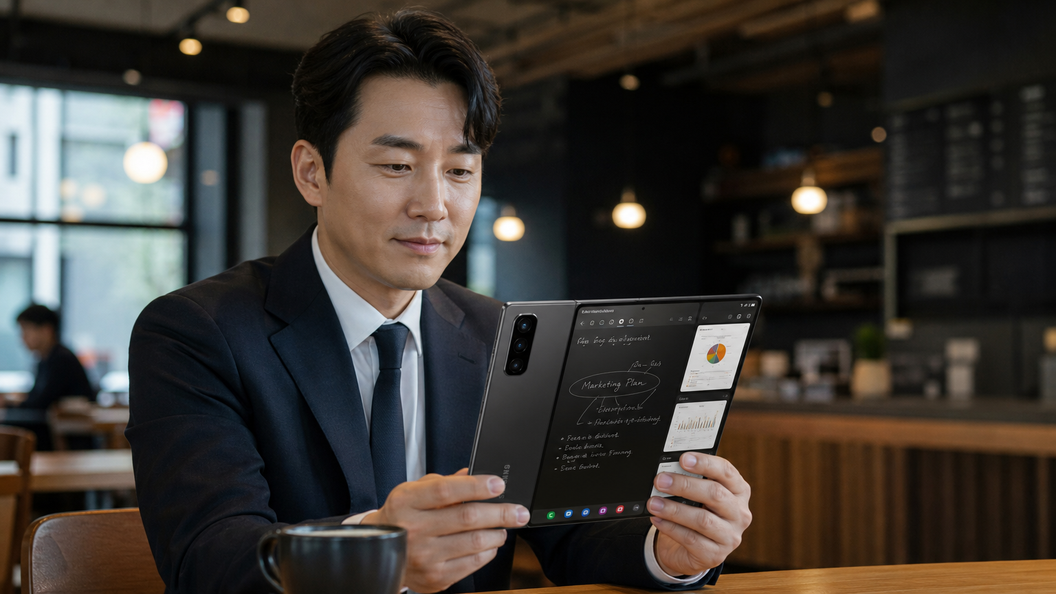 현대적인 분위기의 카페에서 갤럭시 폴드 8을 사용하는 비즈니스맨의 모습