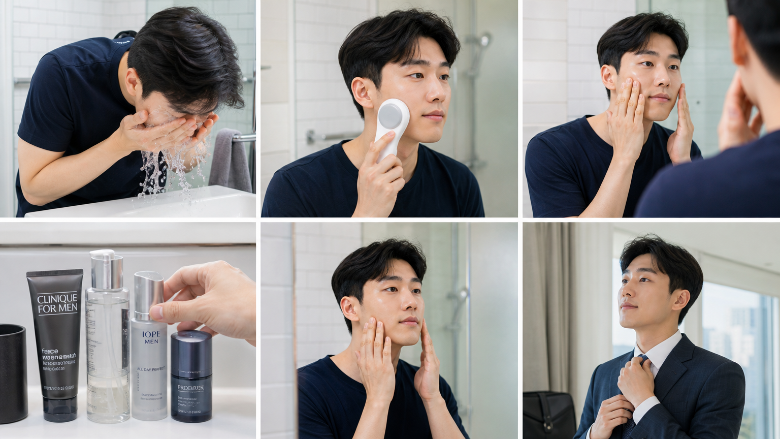아침에 클렌징 기기를 사용하며 출근 준비를 하는 직장인의 모습