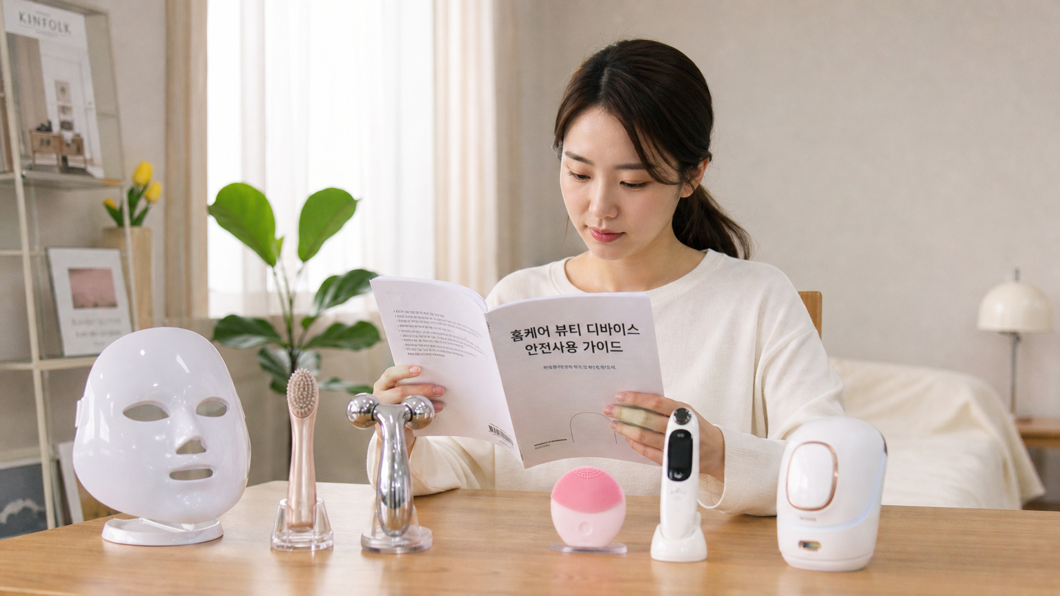 밝은 방에서 안전하게 사용법을 읽으며 피부디바이스를 사용하는 신중한 사용자