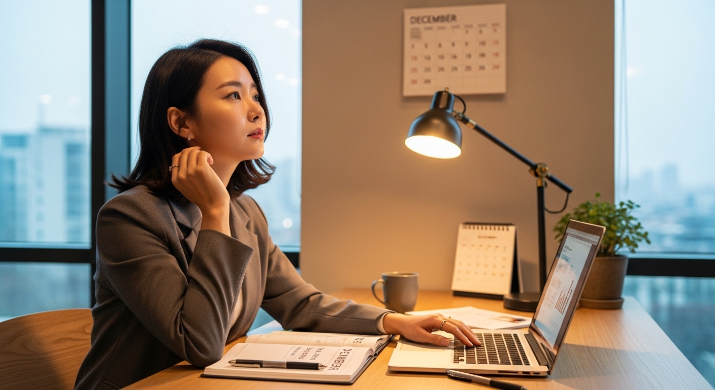 사무실에서 노트북과 플래너로 연말 목표를 계획하는 현대적인 직장인의 모습