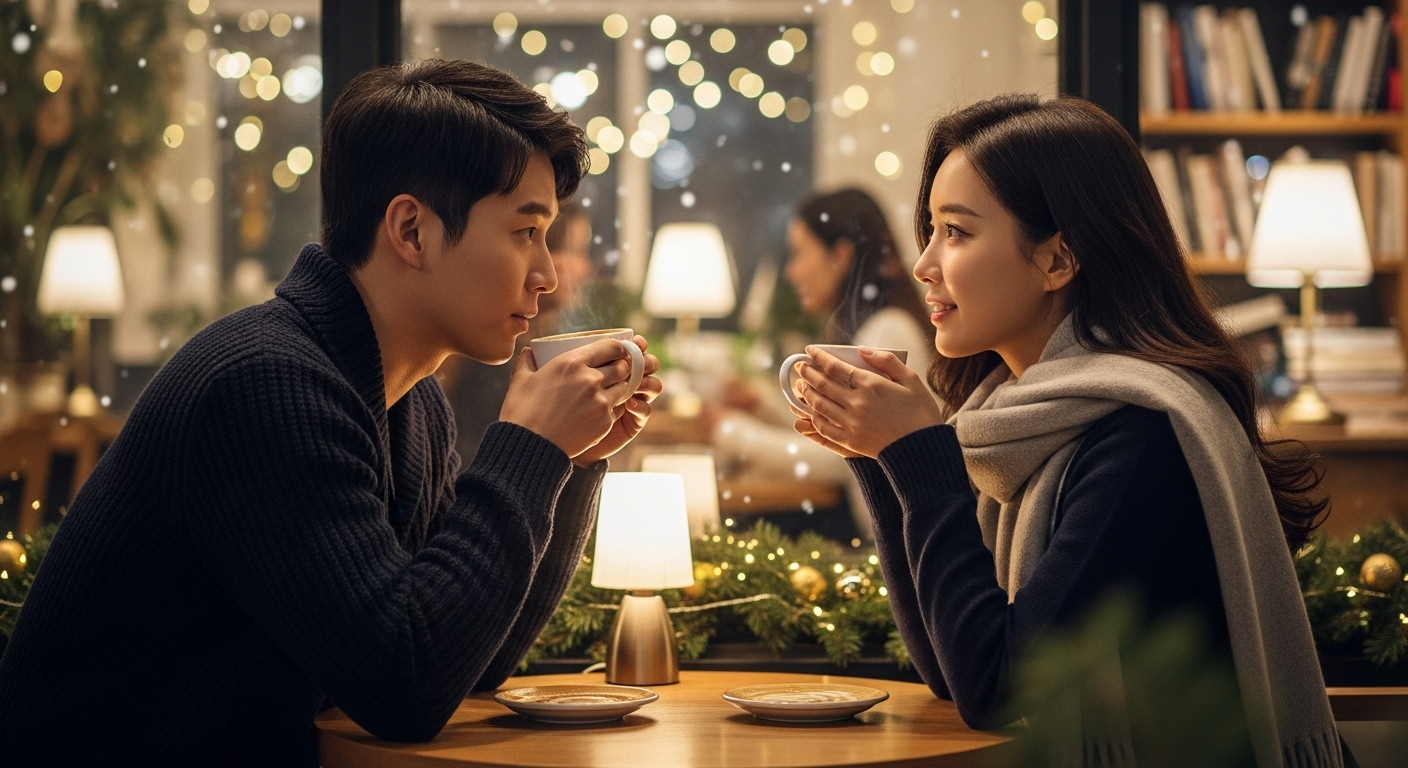 카페에서 따뜻한 커피를 마시며 진솔하게 대화하는 젊은 커플