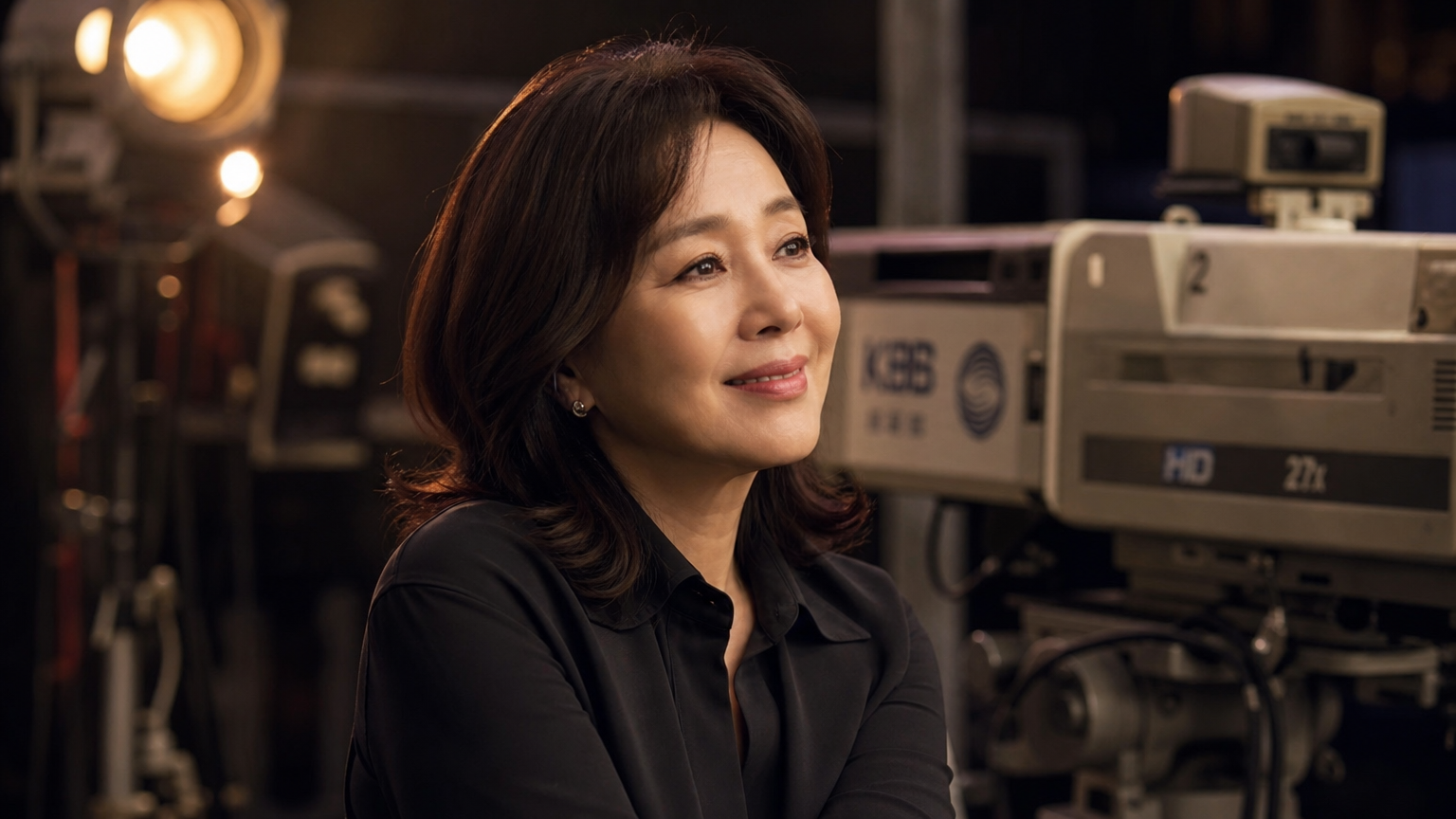 따뜻한 미소를 지닌 중년 여배우가 오래된 카메라와 스튜디오 조명 앞에서 연기를 회상하는 모습