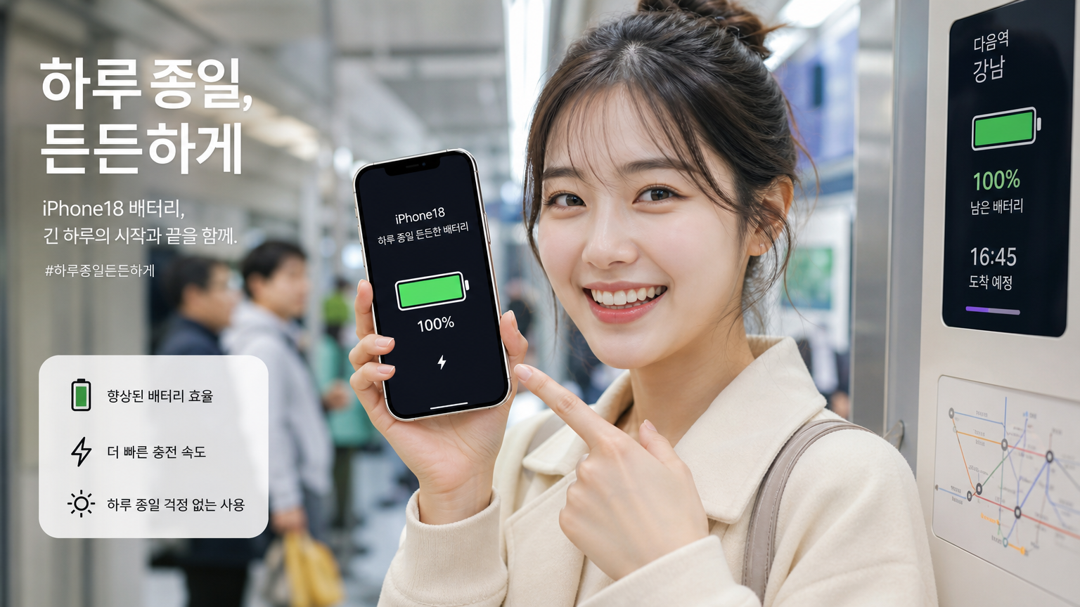 출퇴근길에서 긴 배터리 수명을 즐기는 활기찬 한국인 통근자의 모습