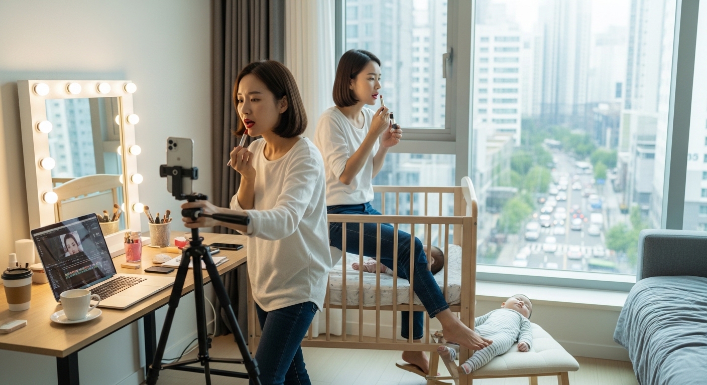 30대 초반의 현대적인 싱글맘이자 뷰티 크리에이터로 활동하는 여성이 도시에서 일상을 보내는 모습