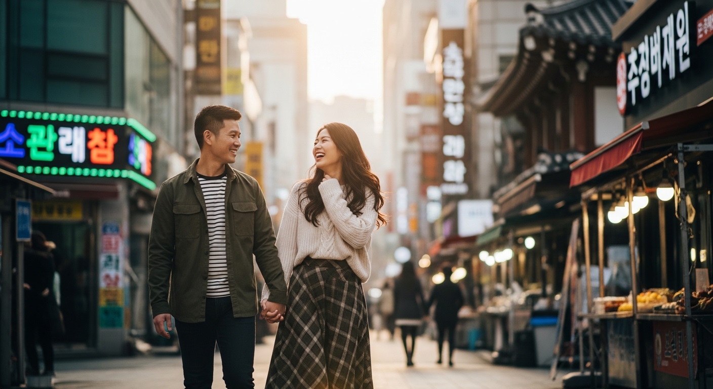 서울 거리에서 데이트를 즐기며 웃음을 나누는 30대 커플의 로맨틱한 순간