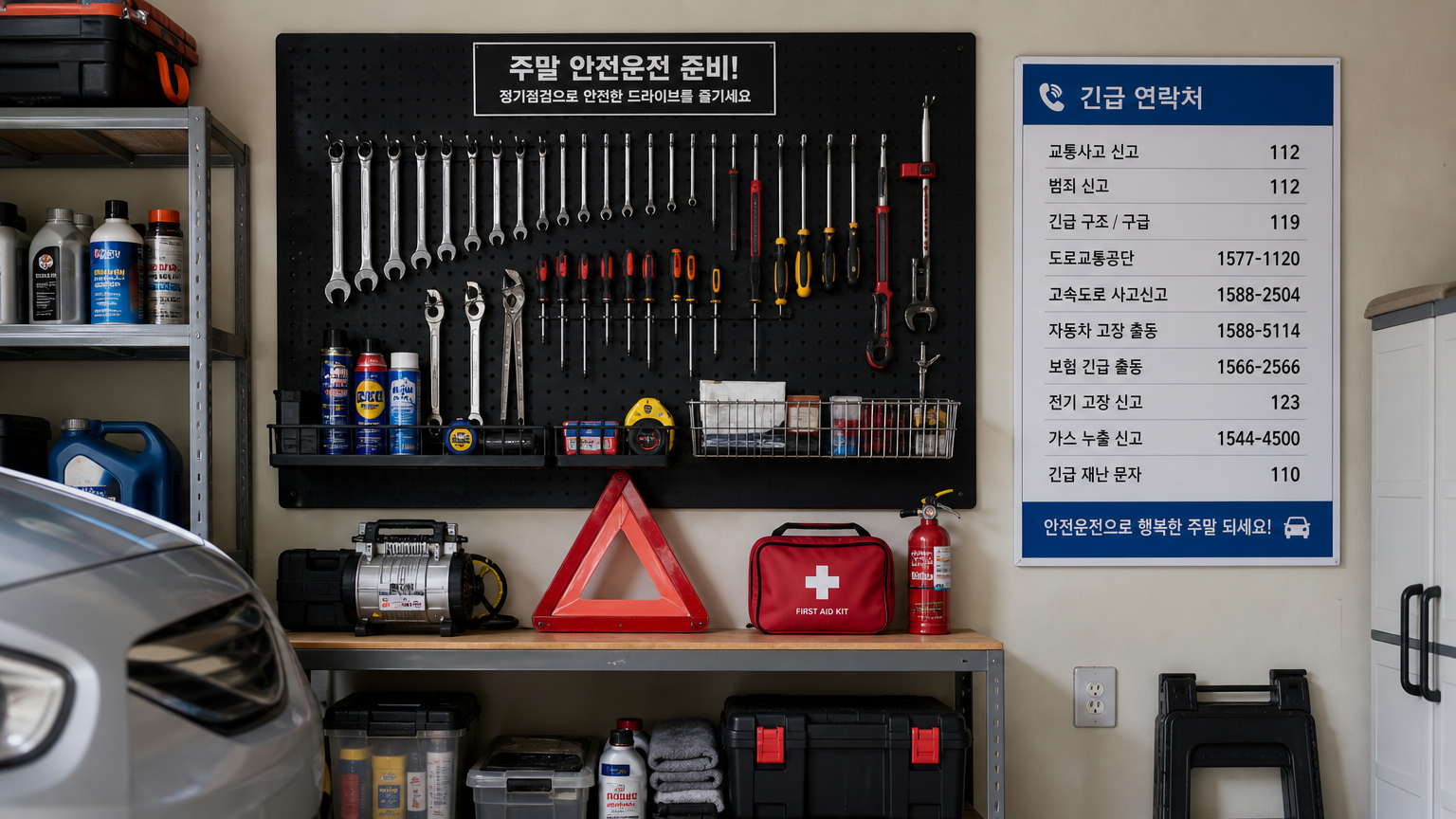 주말 대비를 위해 정리된 자동차 유지 보수 도구와 비상 연락처