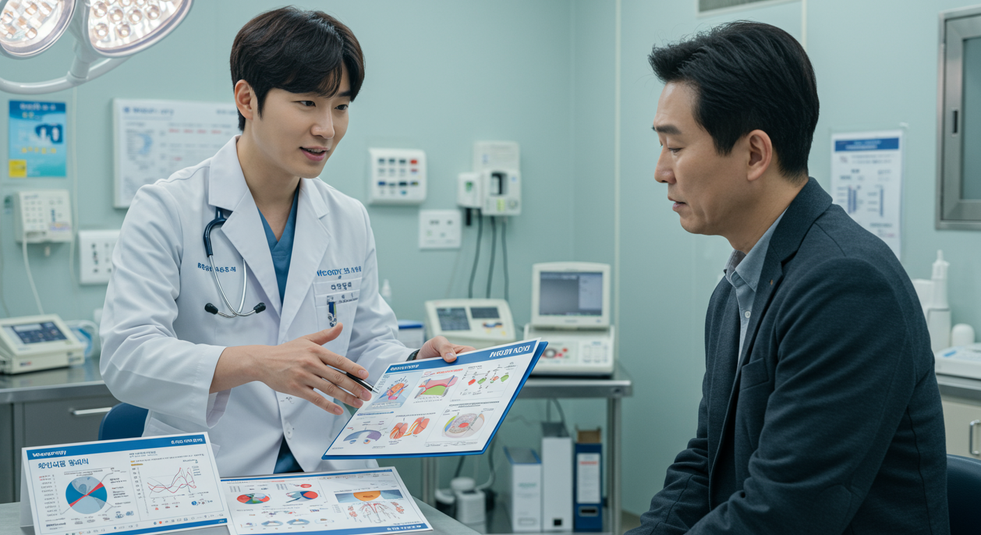 현대적인 병원에서 의사가 환자에게 위고비 치료를 설명하는 장면