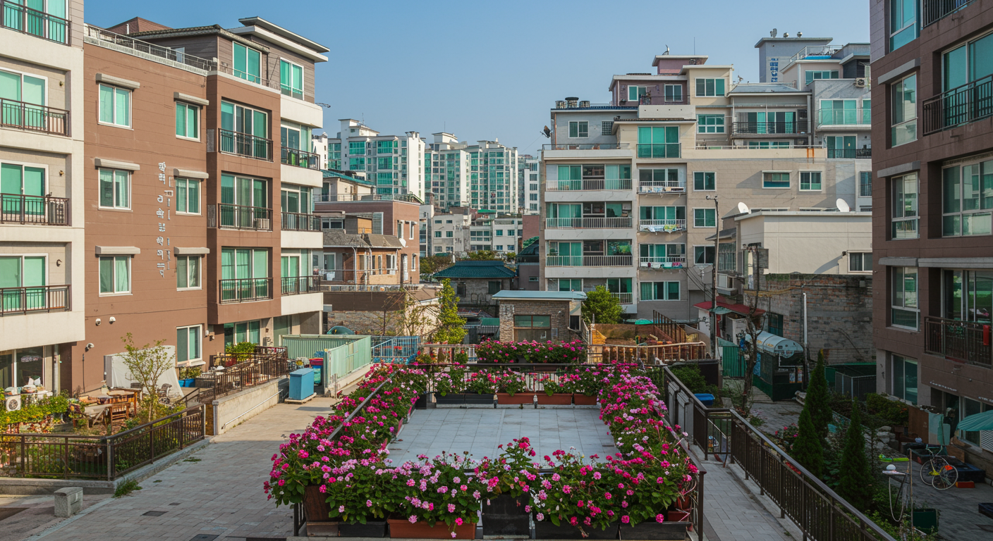 현대 한국 도시 풍경과 다양한 주거 건물, 한국 아파트 단지의 평화로운 모습