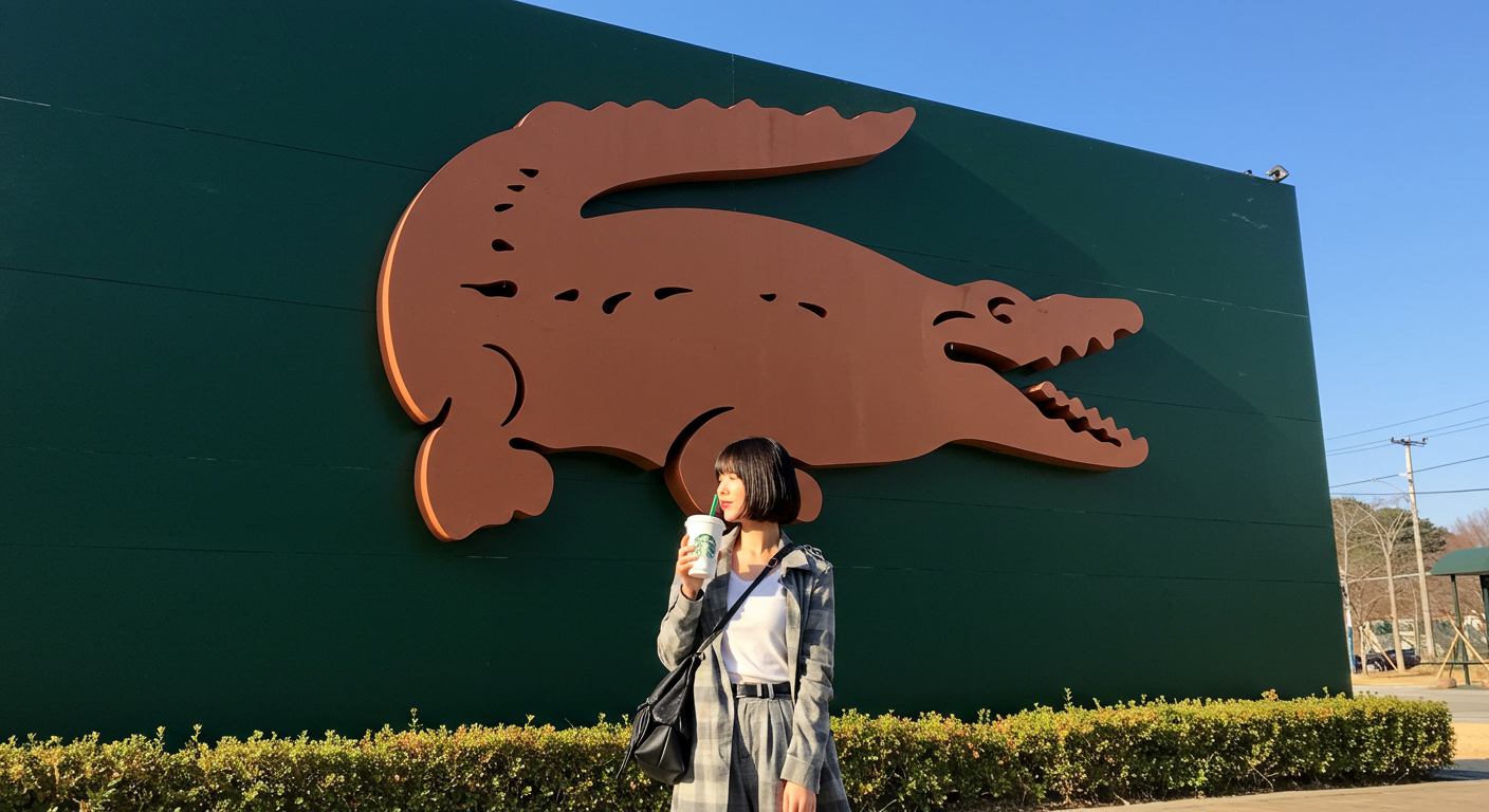 현대적인 한국 여성이 스타벅스 컵을 들고 라코스테 로고 앞에 서 있는 모습