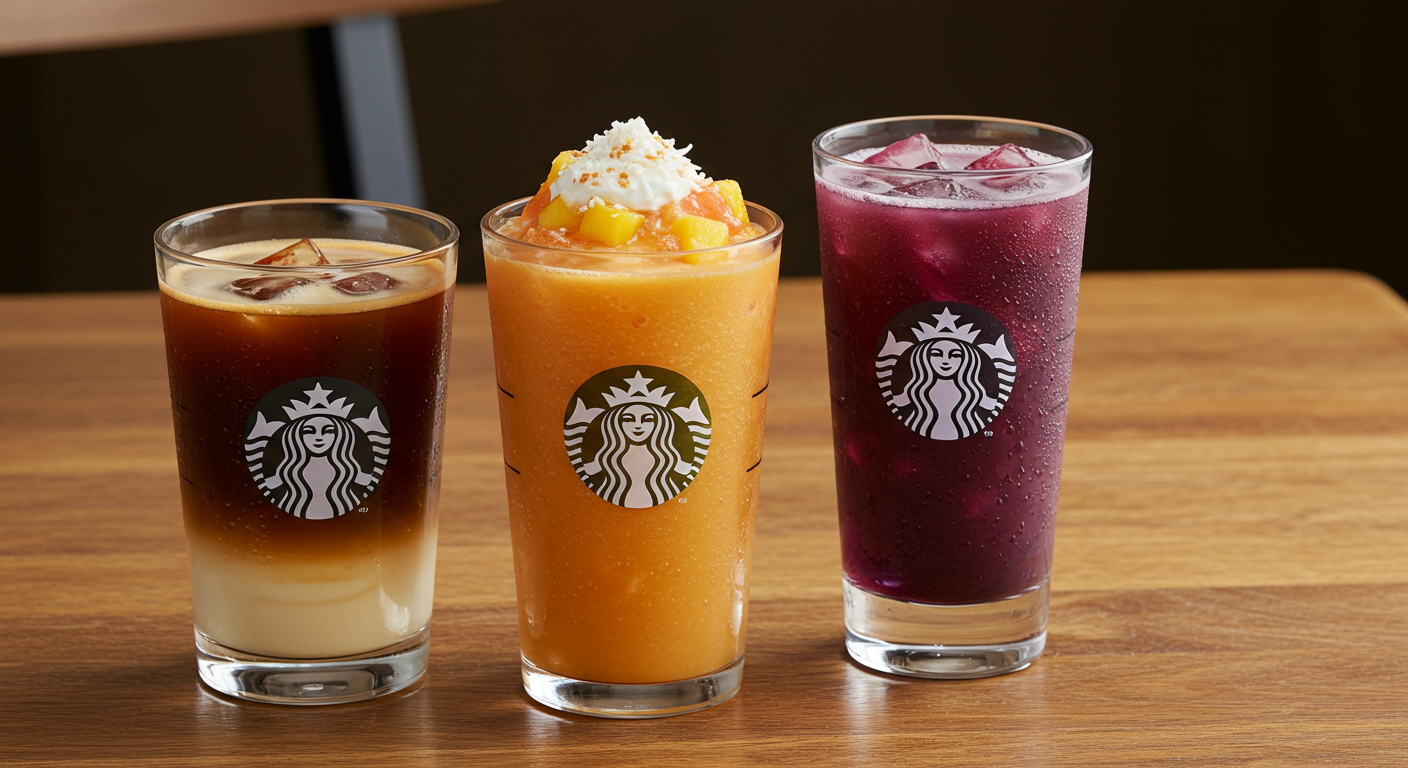 다양한 색상의 스타벅스 미션 음료 세 잔이 나무 테이블 위에 놓여 있는 모습