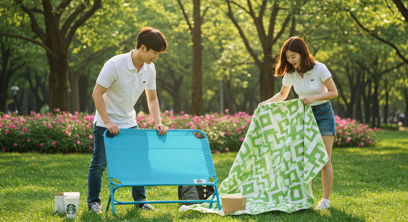 젊은 사람들이 공원에서 폴딩체어를 펼치고 트렌타월을 깔아 피크닉 준비하는 장면