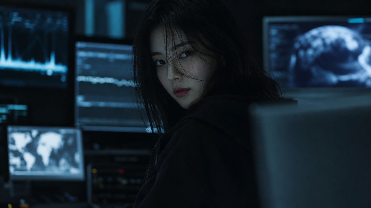 어두운 방에서 신비로운 분위기로 빛나는 스크린을 바라보는 여성