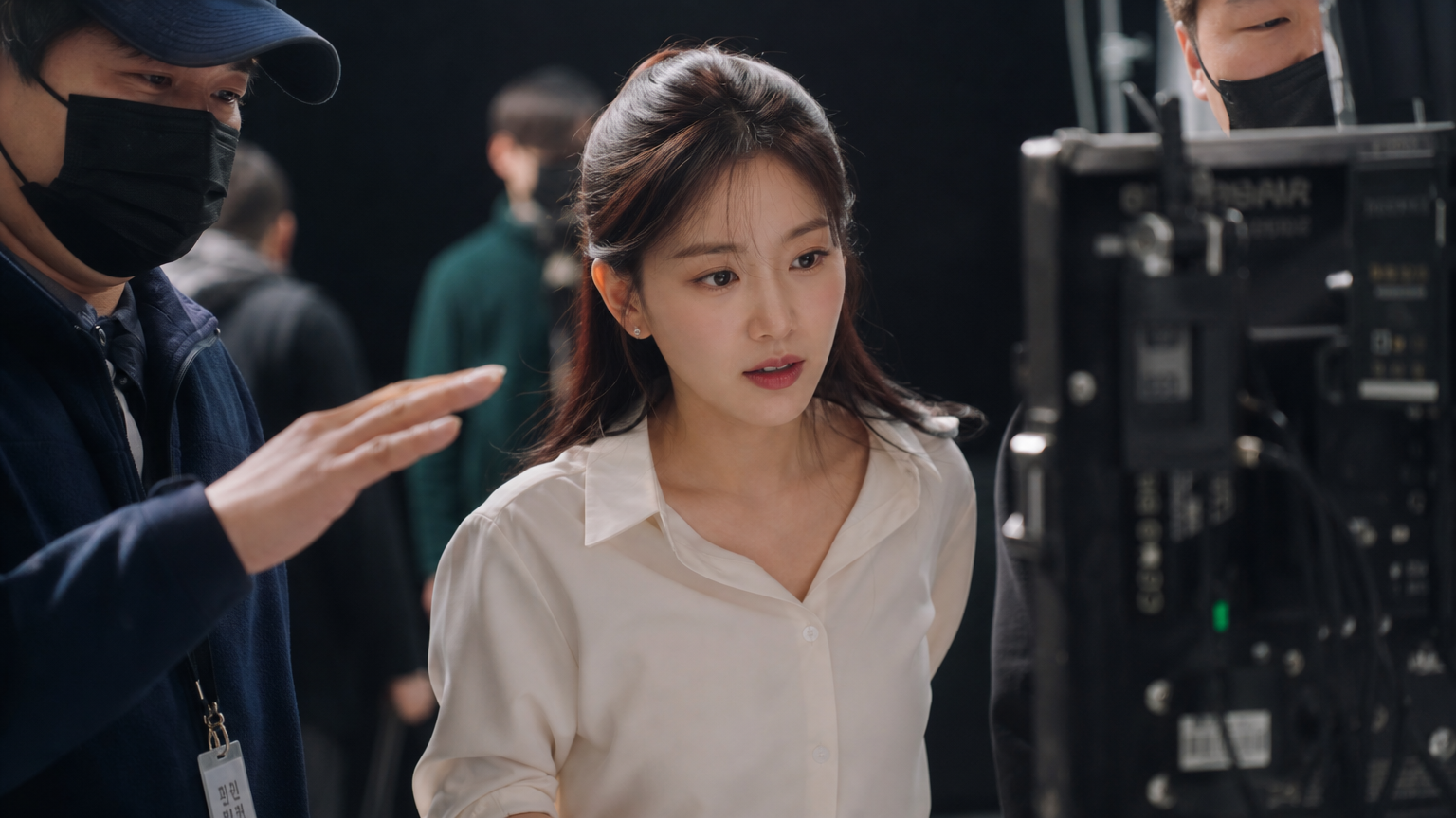 조명 아래서 자신감 넘치는 표정으로 촬영 중인 젊은 여배우