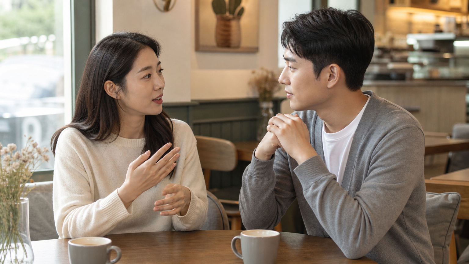 카페에서 차분하고 이해심 있게 대화를 나누며 경청 기술을 연습하는 한국 커플