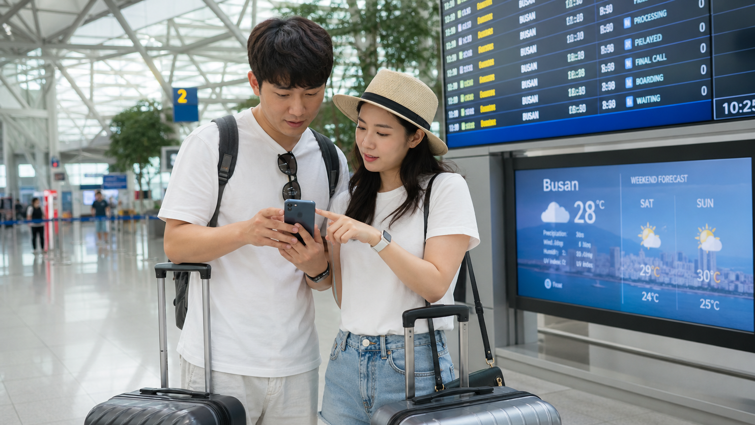 공항 터미널에서 스마트폰으로 부산 날씨를 확인하는 관광객들