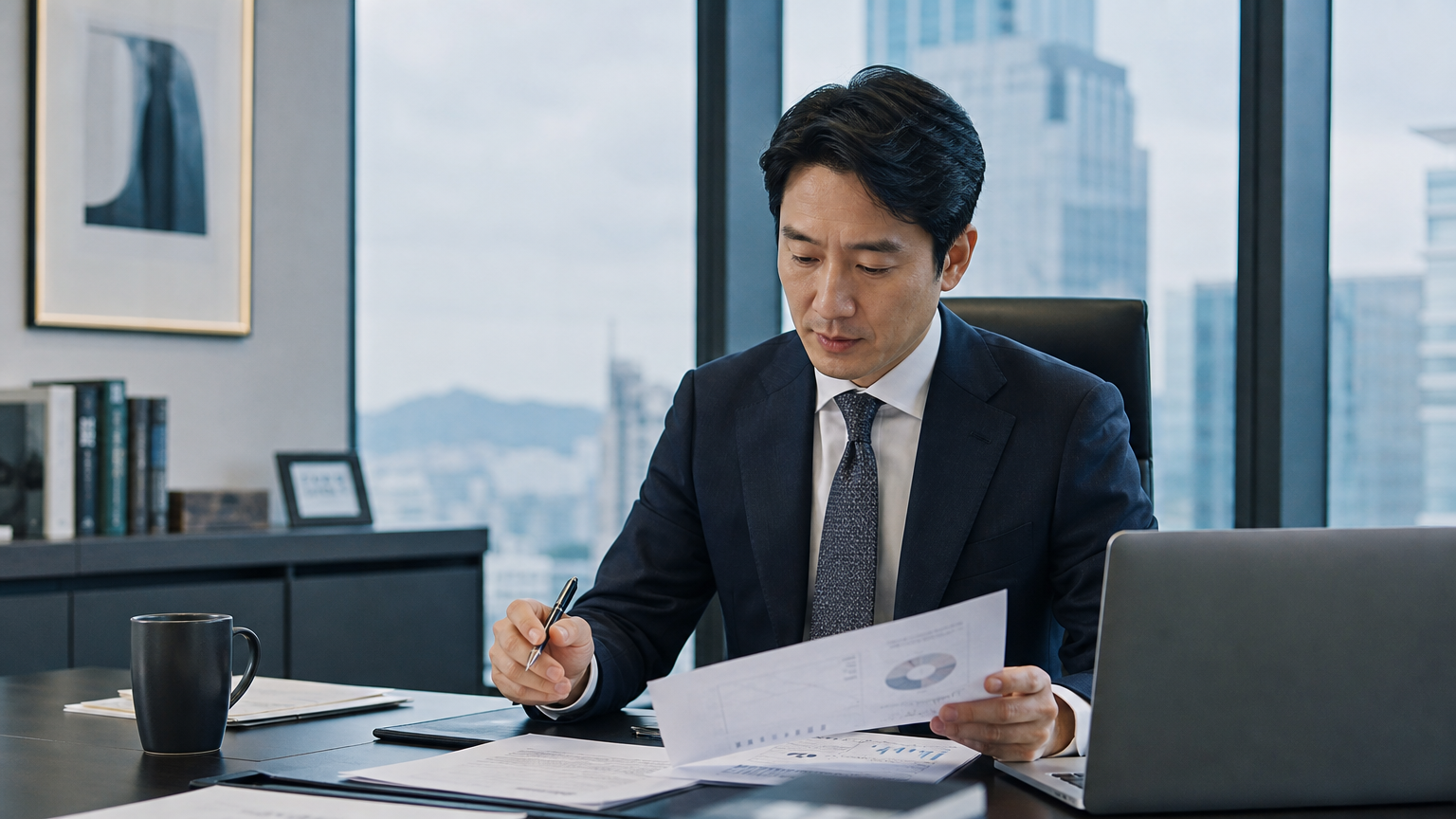 대형 창문 너머 도시 전망을 배경으로 금융 서류를 검토하는 사업가 모습