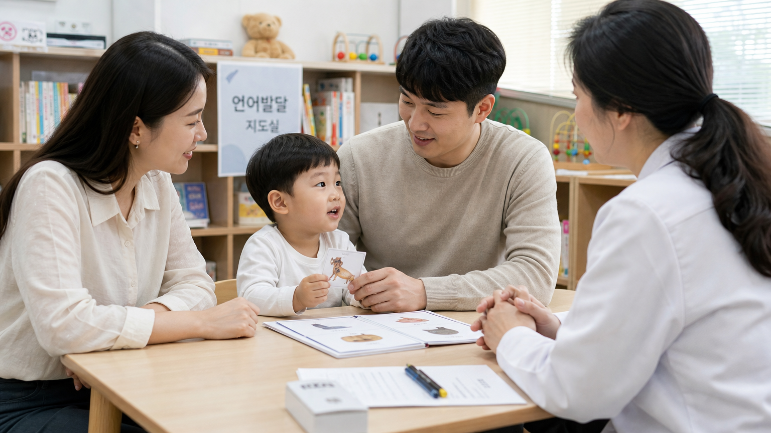 언어 발달 활동에 참여 중인 아기와 부모 및 전문가