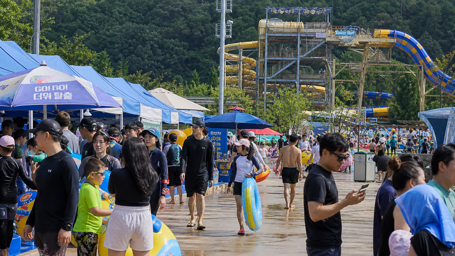 활기찬 여름철 물놀이장 주변 풍경, 사람들로 북적임