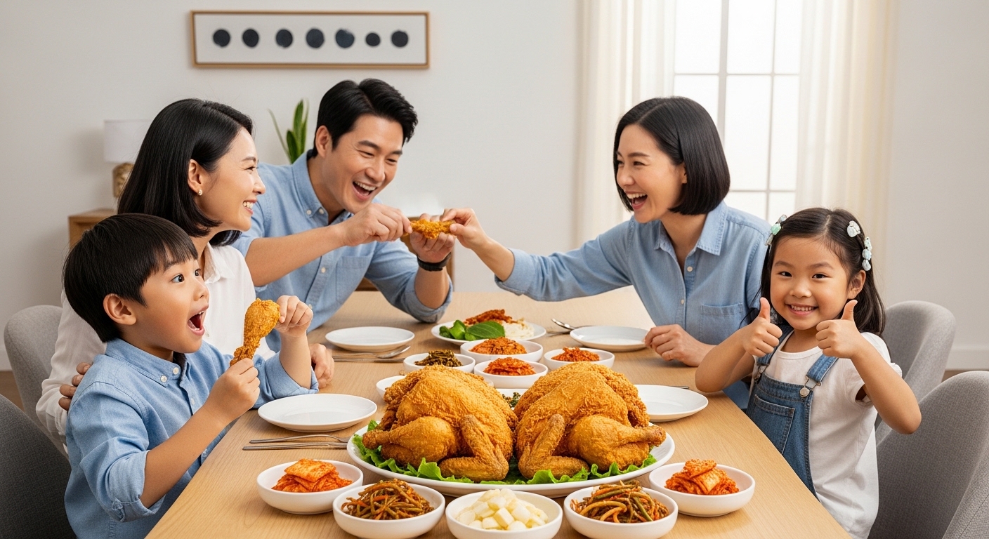 가족들이 식탁에서 두 마리 치킨을 즐기며 웃고 있는 모습