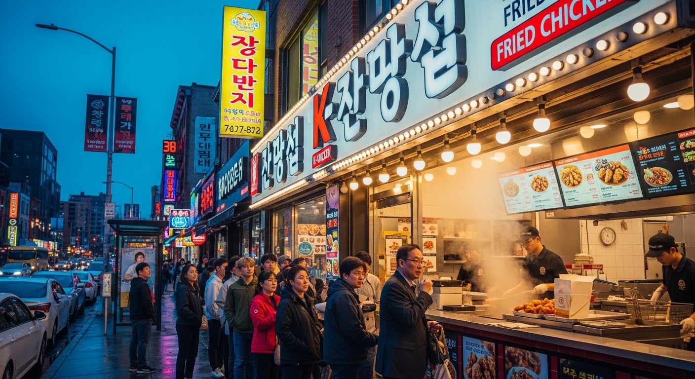 활기찬 한국 치킨 가게와 손님들 모습