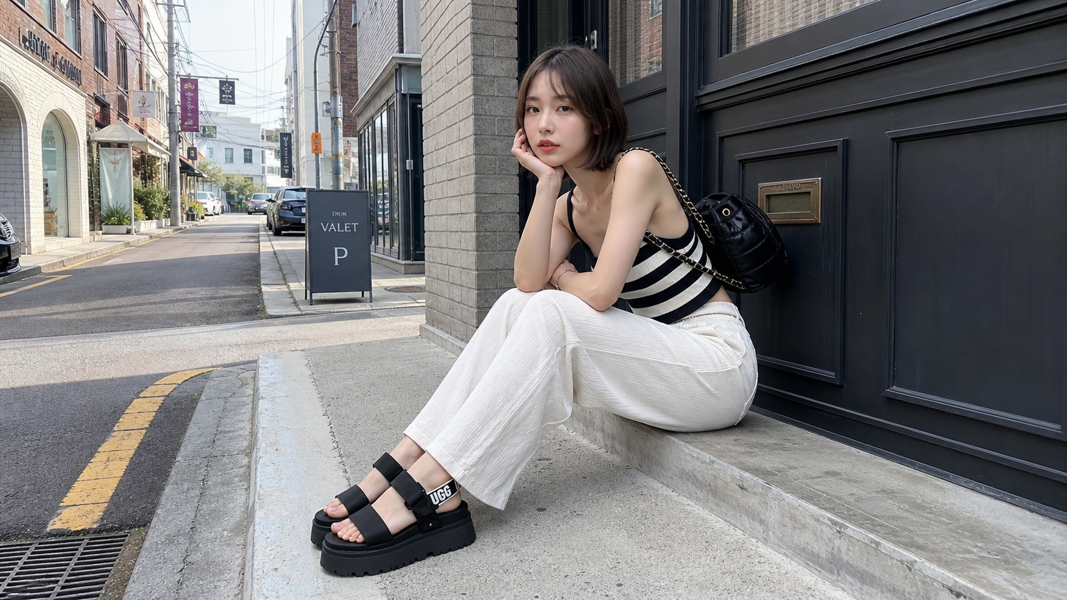 도심에서 트렌디한 여름 옷차림과 어그샌들을 매치한 패션 인플루언서의 포즈