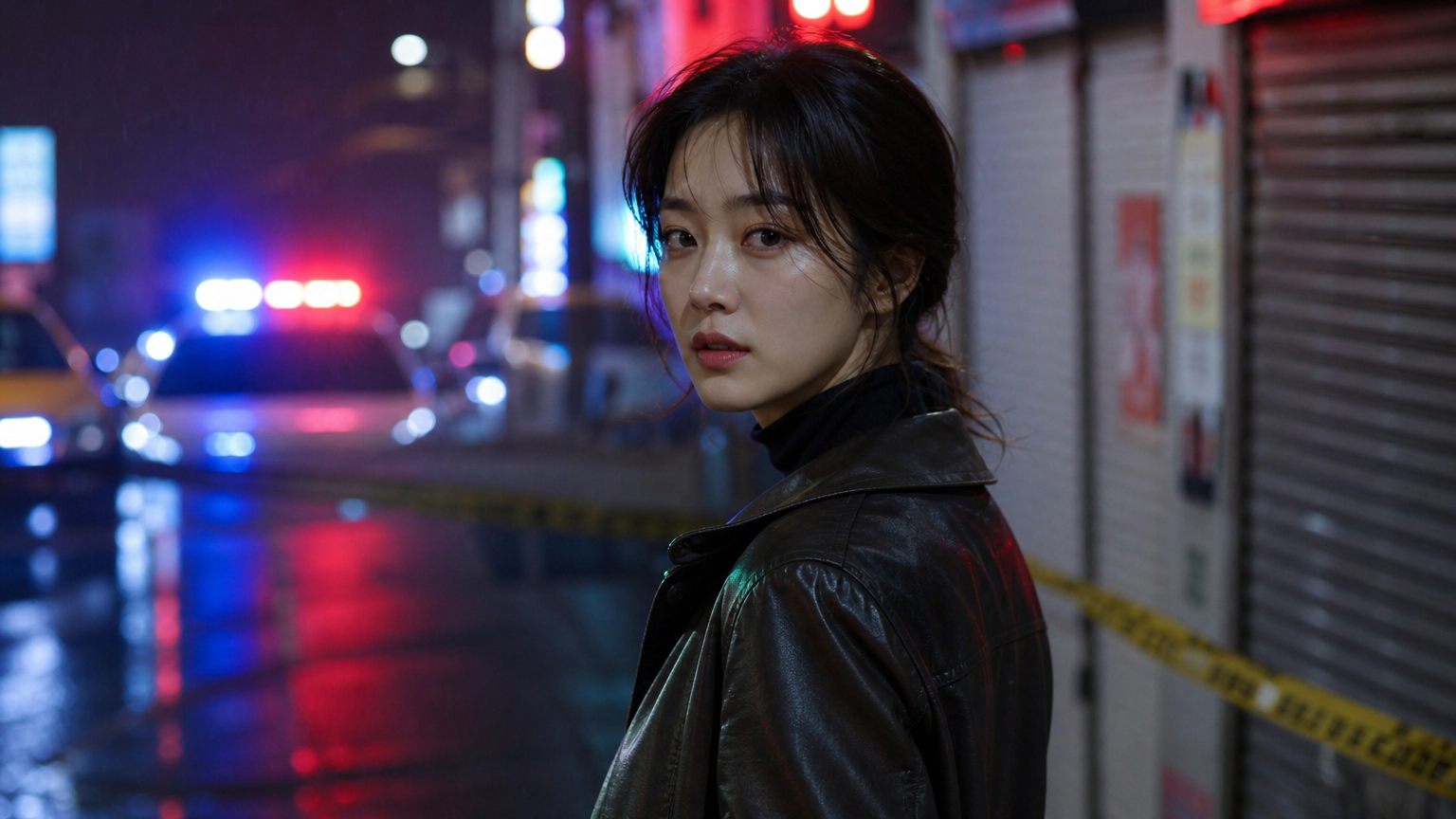 도시 야경 속 네온 불빛 아래서 형사 역할로 몰입하는 여배우