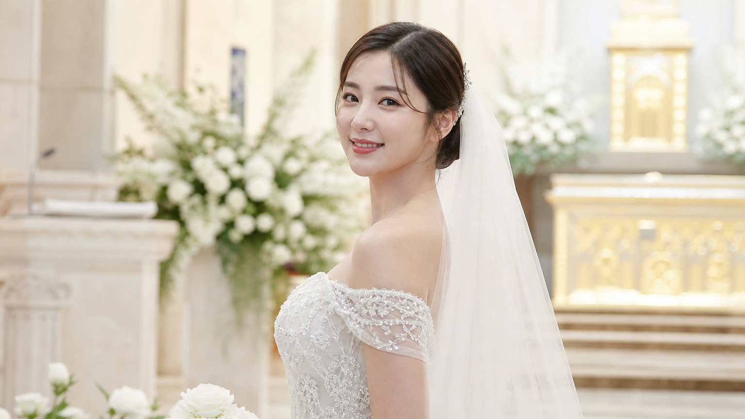 화려한 예배당에서 우아한 웨딩드레스를 입고 있는 여배우