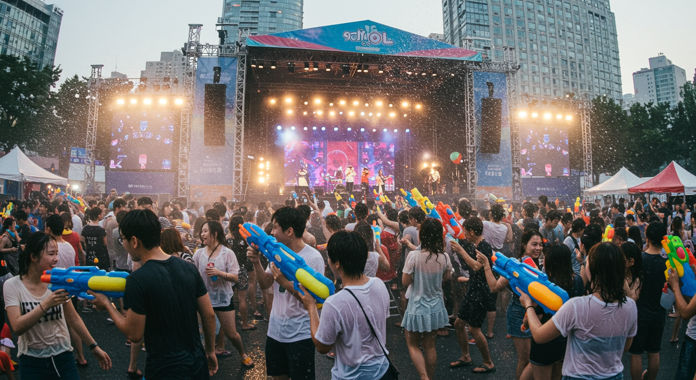 서울에서 열리는 활기찬 도심 물놀이 축제, 젊은이들이 물총 싸움과 라이브 음악 공연을 즐기는 모습