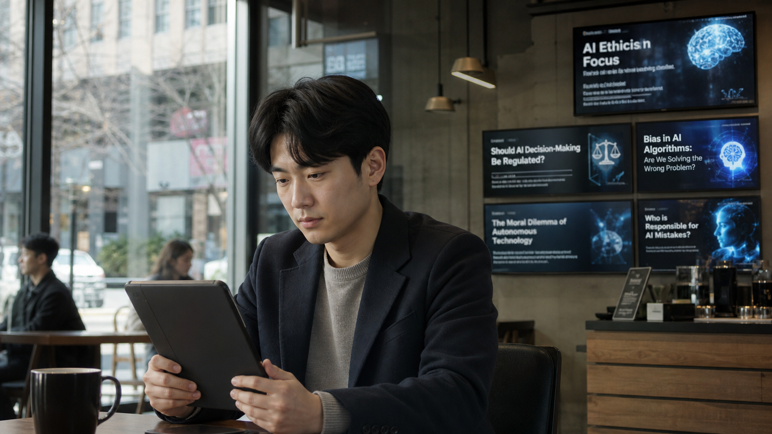 현대적인 카페에서 태블릿으로 AI 윤리 관련 뉴스를 읽는 직장인