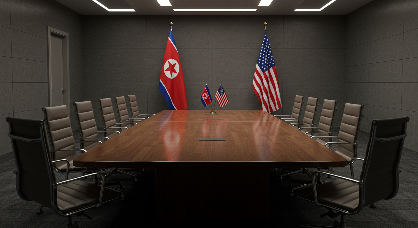 북미 국기와 빈 의자가 있는 현대적인 외교 회담실에서의 긴장된 분위기