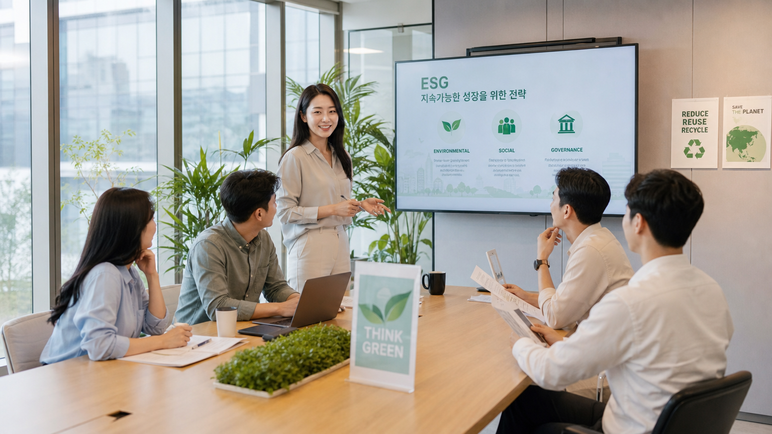 현대적인 한국 사무실에서 다양한 팀이 지속 가능한 전략을 논의하는 모습