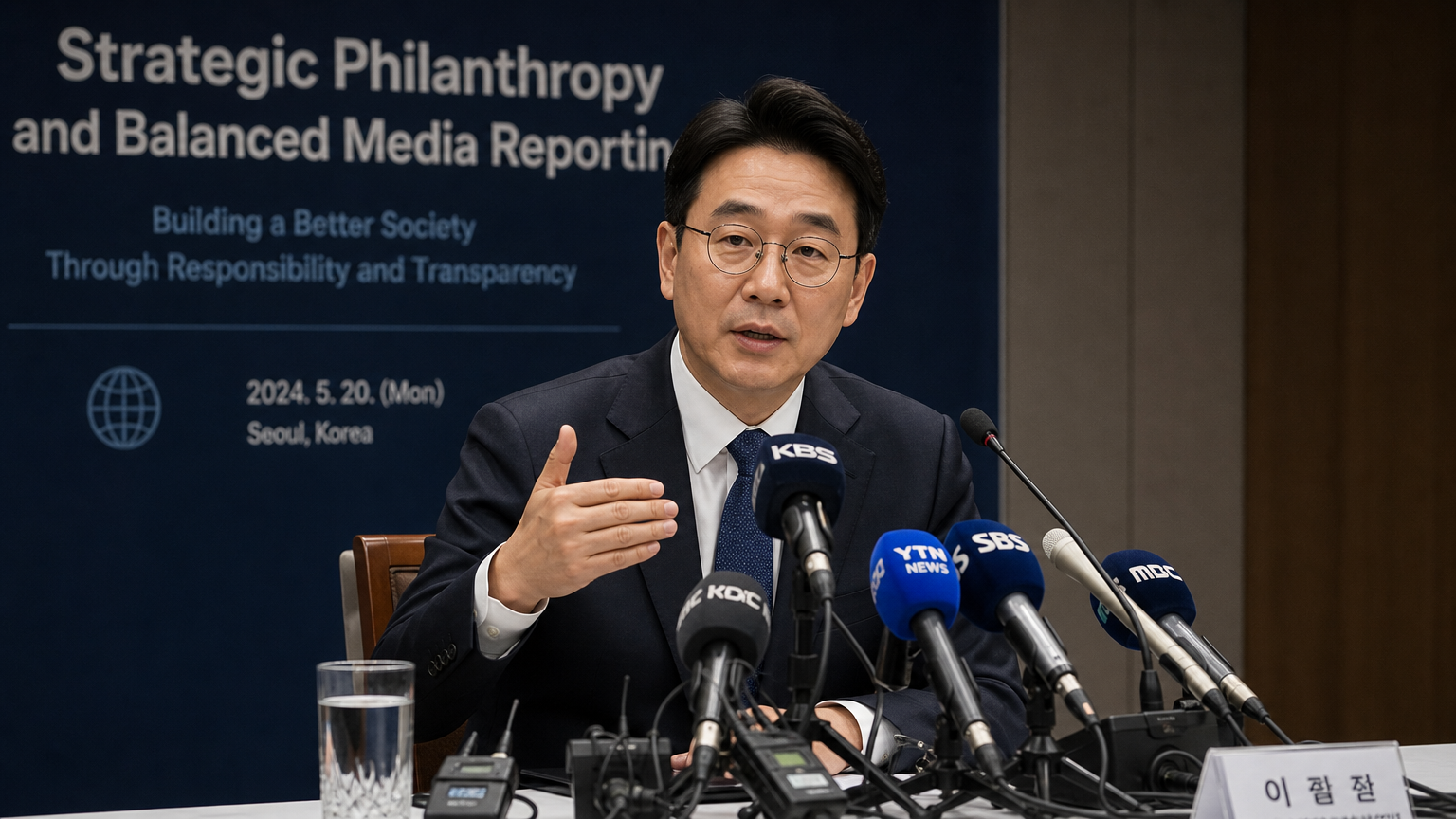회의실에서 전략적 사회공헌과 균형 잡힌 보도를 강조하는 한국 기업인의 모습