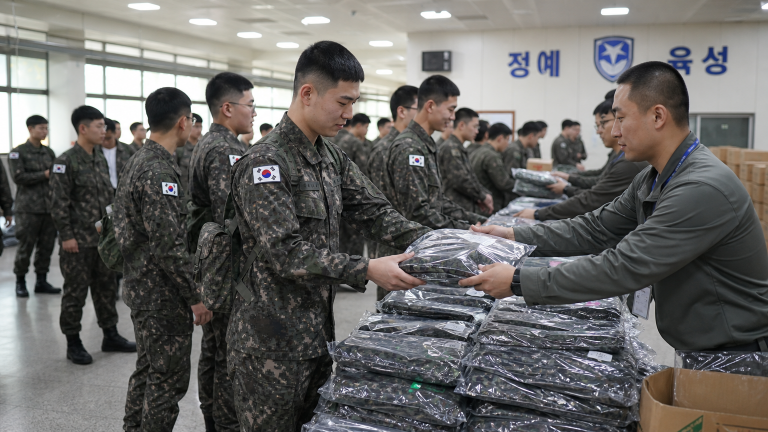 훈련병들이 입소 첫날 새 장비와 유니폼을 받는 모습