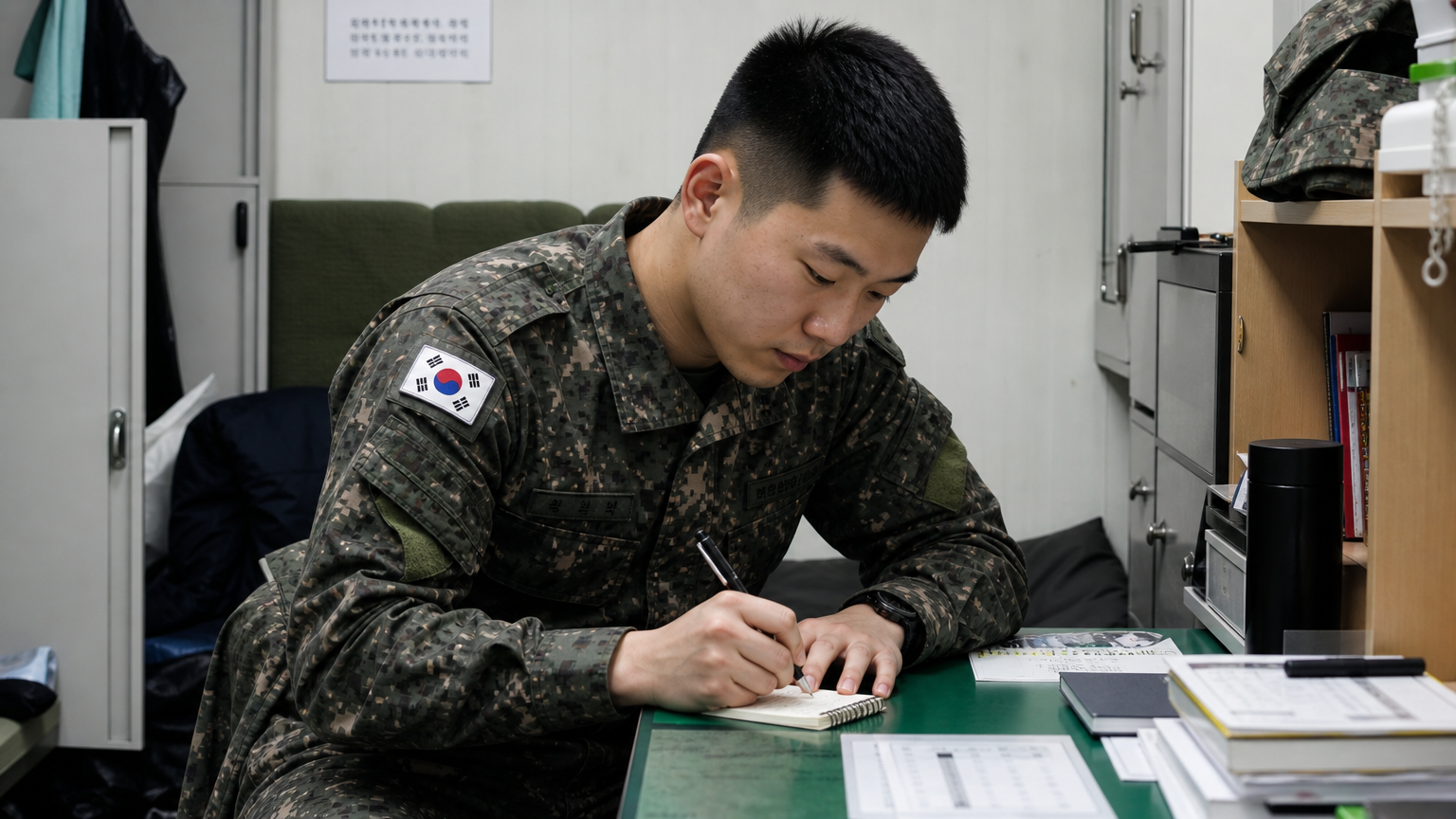 병영에서 조용히 편지를 쓰고 있는 군인의 모습