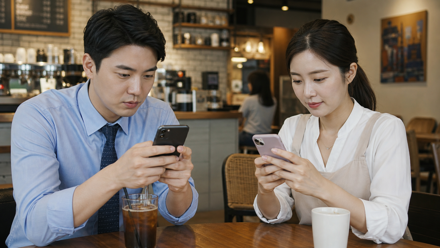 카페에서 스마트폰 퀴즈에 참여하는 직장인과 주부