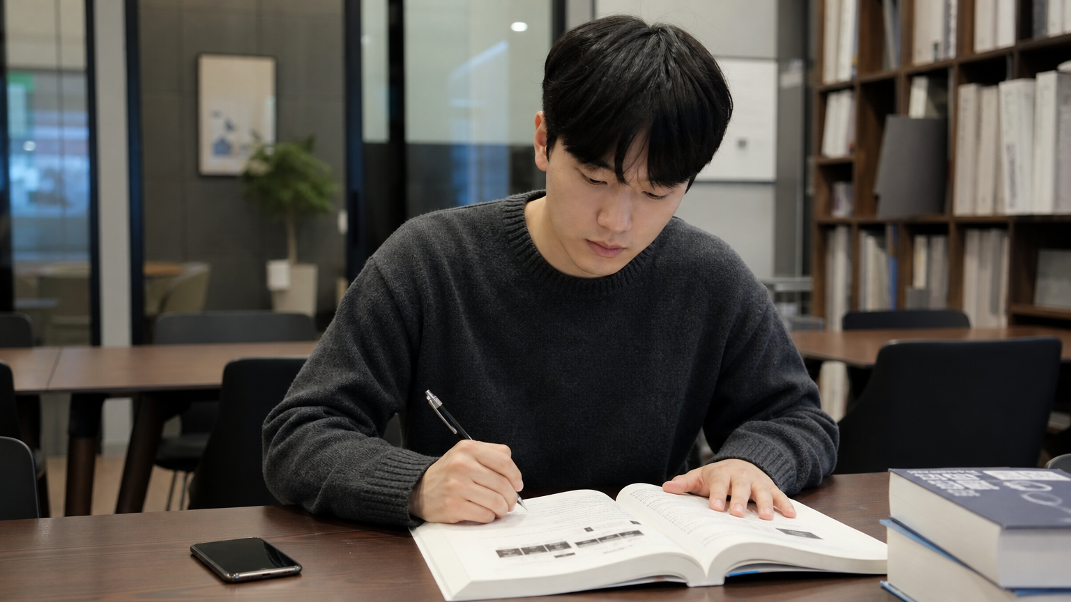 책상에 엎어놓은 스마트폰 옆에서 공부하거나 업무에 집중하는 한국 학생 또는 직장인의 모습