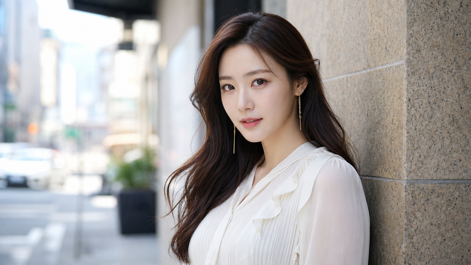 도시 배경에서 우아한 블라우스를 입은 배우