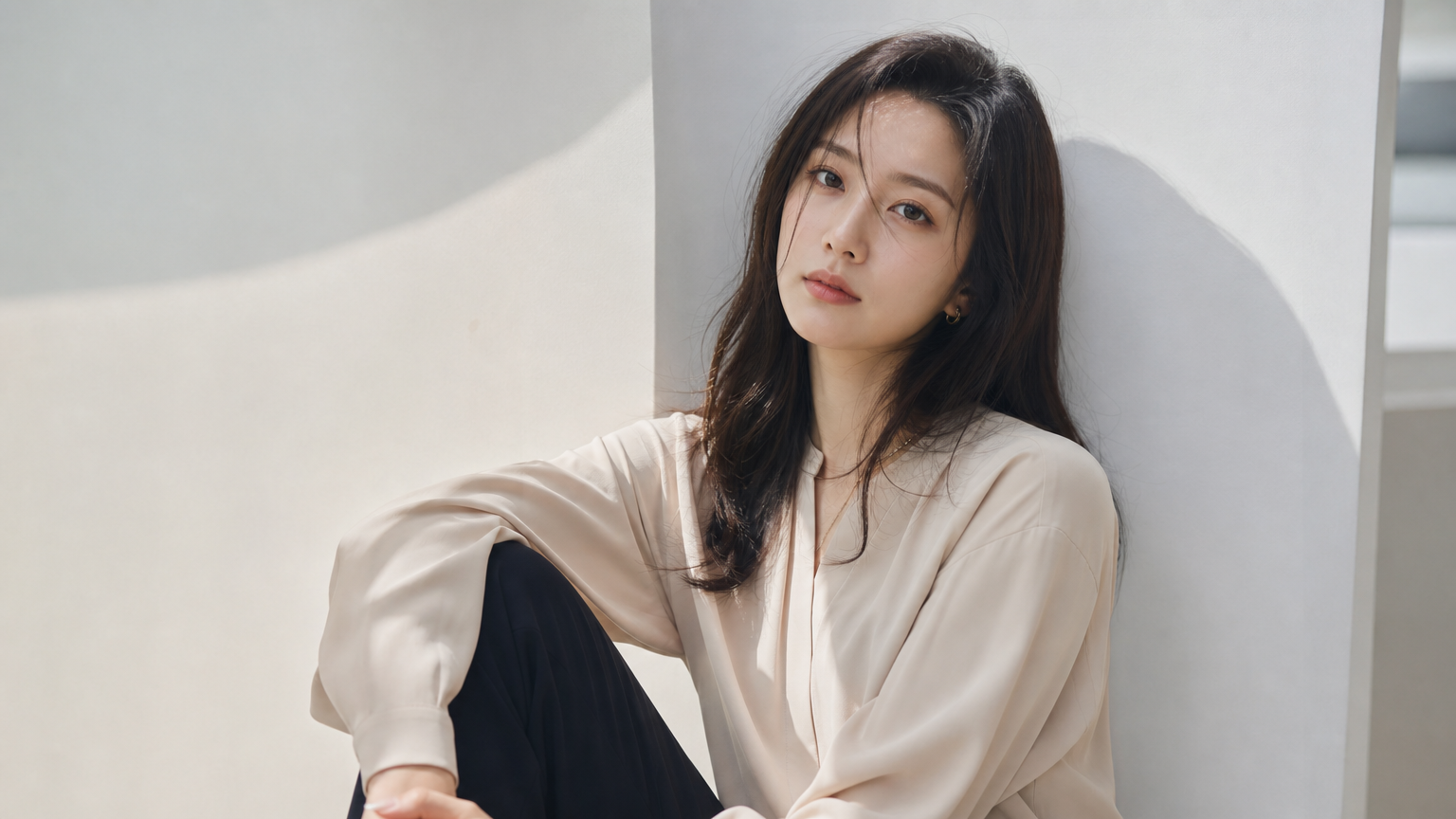 세련된 포즈로 블라우스를 입은 배우의 자연스러운 매력