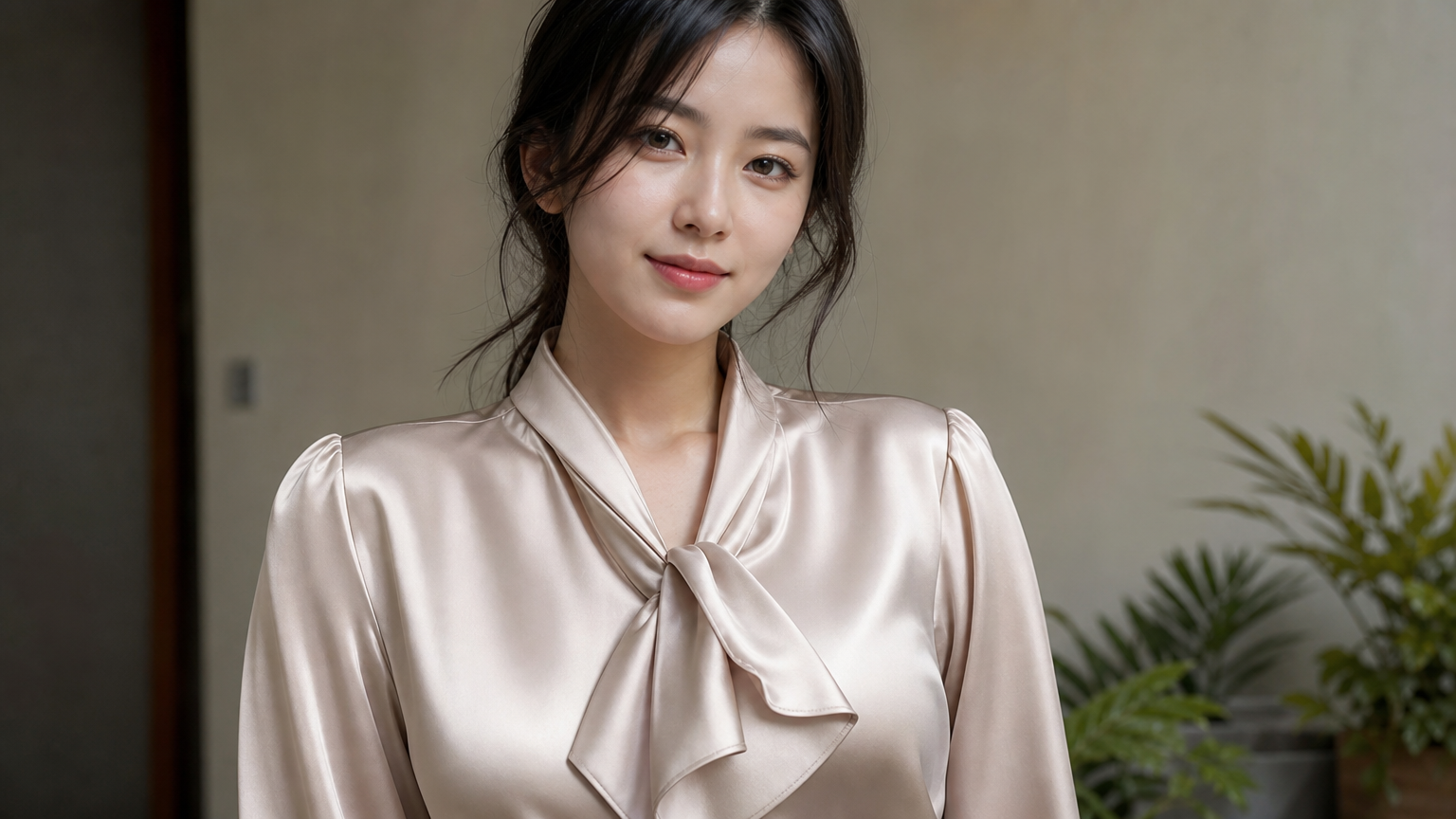 은은한 광택을 띄는 새틴 혹은 실크 블라우스를 입은 여성