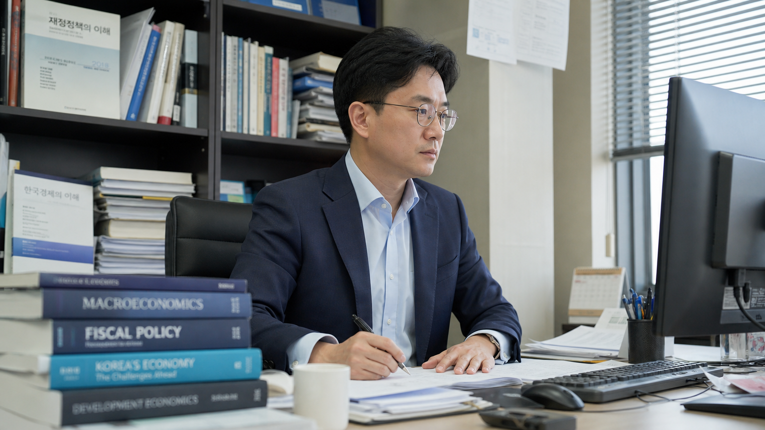 재정 정책 및 거시 경제 분석 관련 서류와 책이 가득한 사무실에서 일하는 전문적인 한국 경제학자