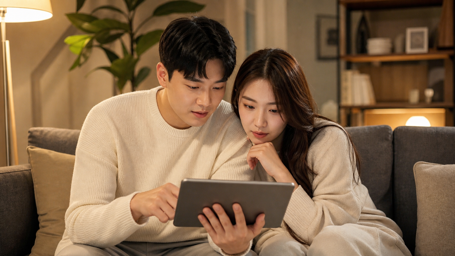현대적인 커플이 거실에서 태블릿으로 가평 여행을 계획하는 모습