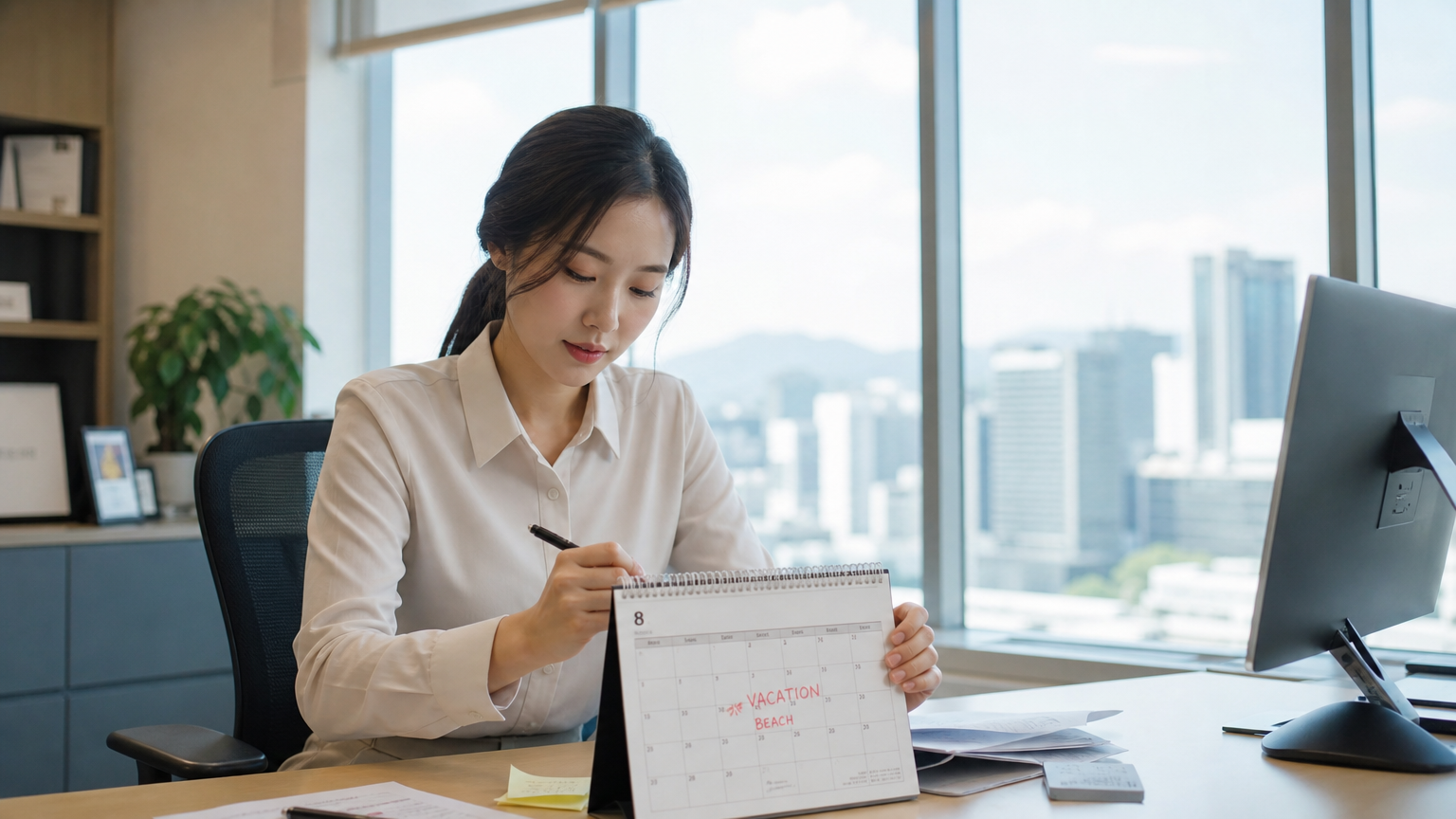 도시 전망이 보이는 사무실에서 휴가 일정을 메모하는 직장인