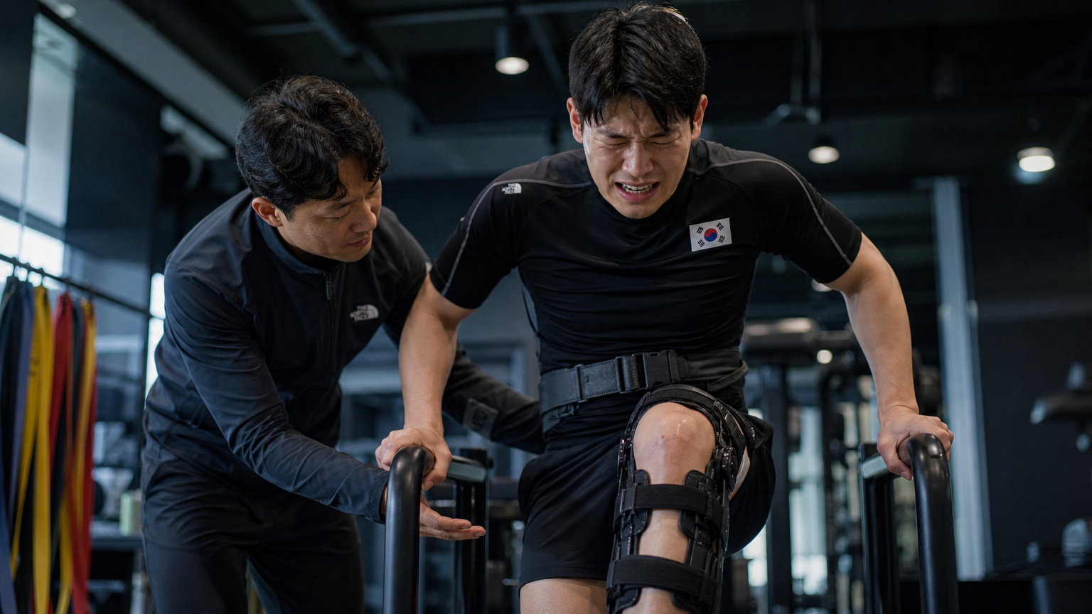 한국 운동선수가 현대적인 체육관에서 재활 훈련을 하는 모습