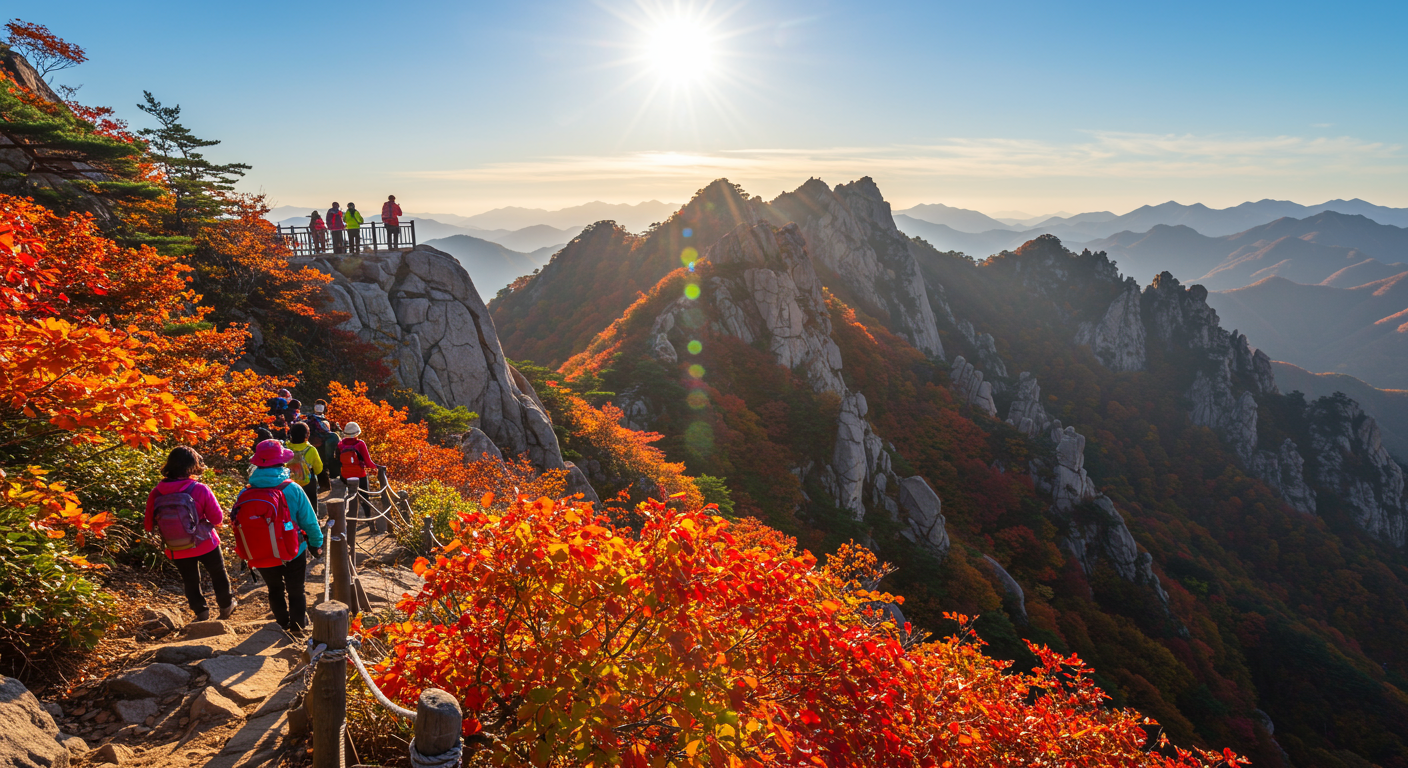가을의 청량한 공기 속에서 설악산의 생생한 붉은색과 주황색 단풍