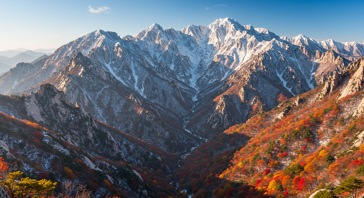 눈 덮인 설악산 봉우리와 그 아래 펼쳐진 다채로운 가을 풍경