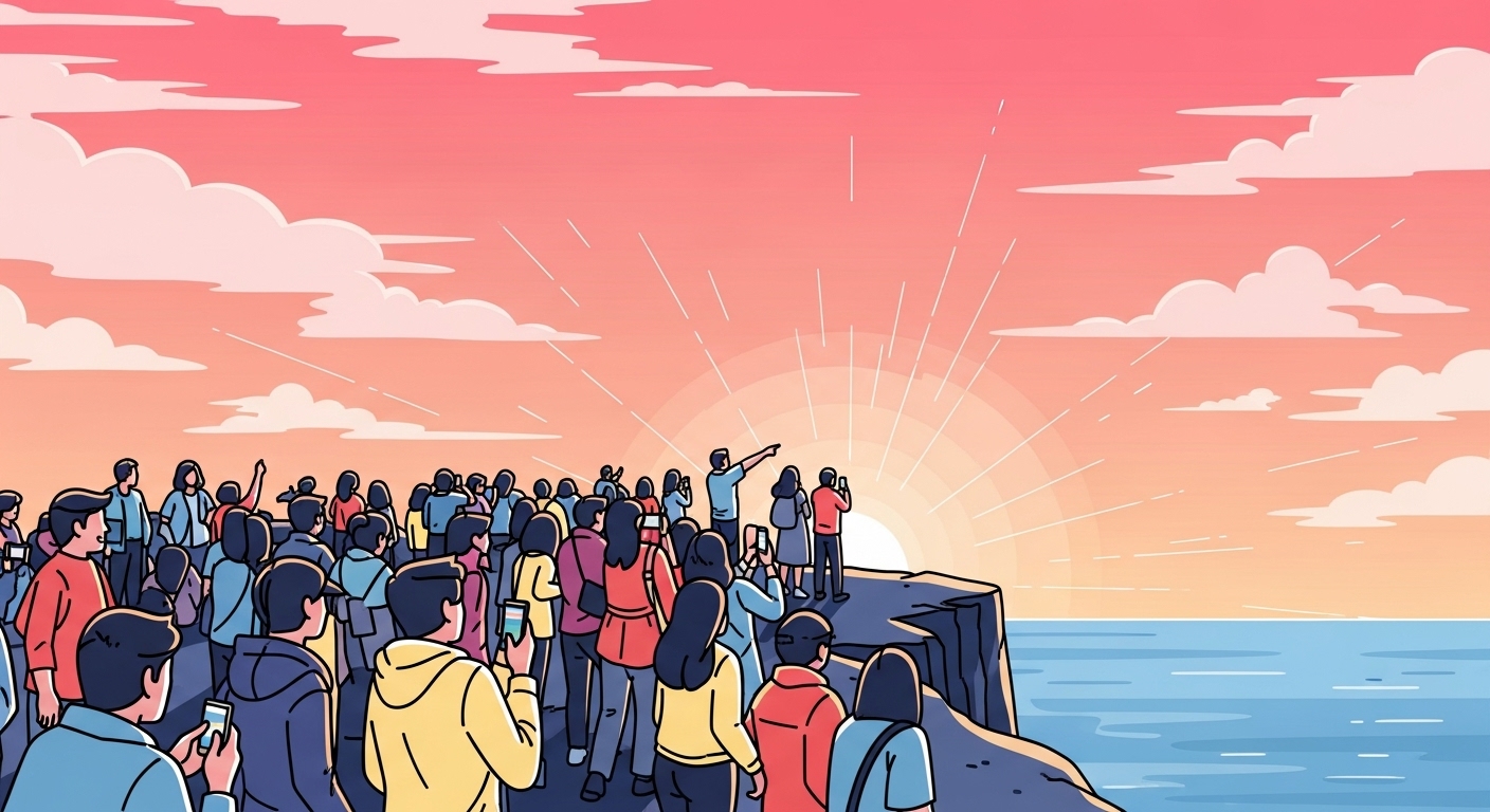 간절곶에서 일출을 바라보는 사람들로 붐비는 아침 풍경