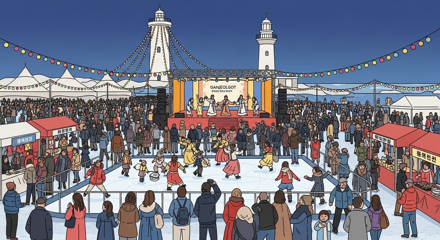 다양한 사람들이 모여 문화 공연과 활동을 즐기는 대규모 겨울 축제 현장