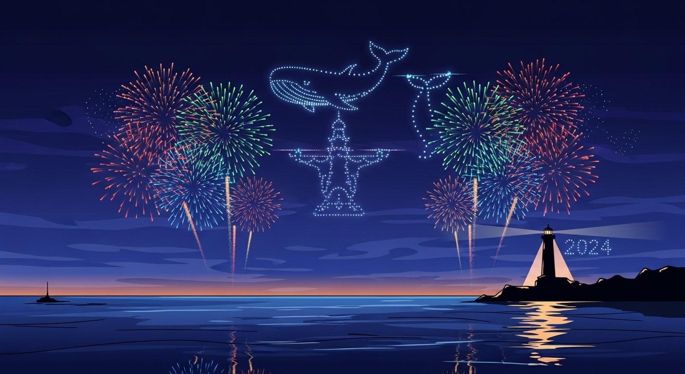 밤하늘에 펼쳐지는 화려한 드론쇼와 전통 불꽃놀이 장관